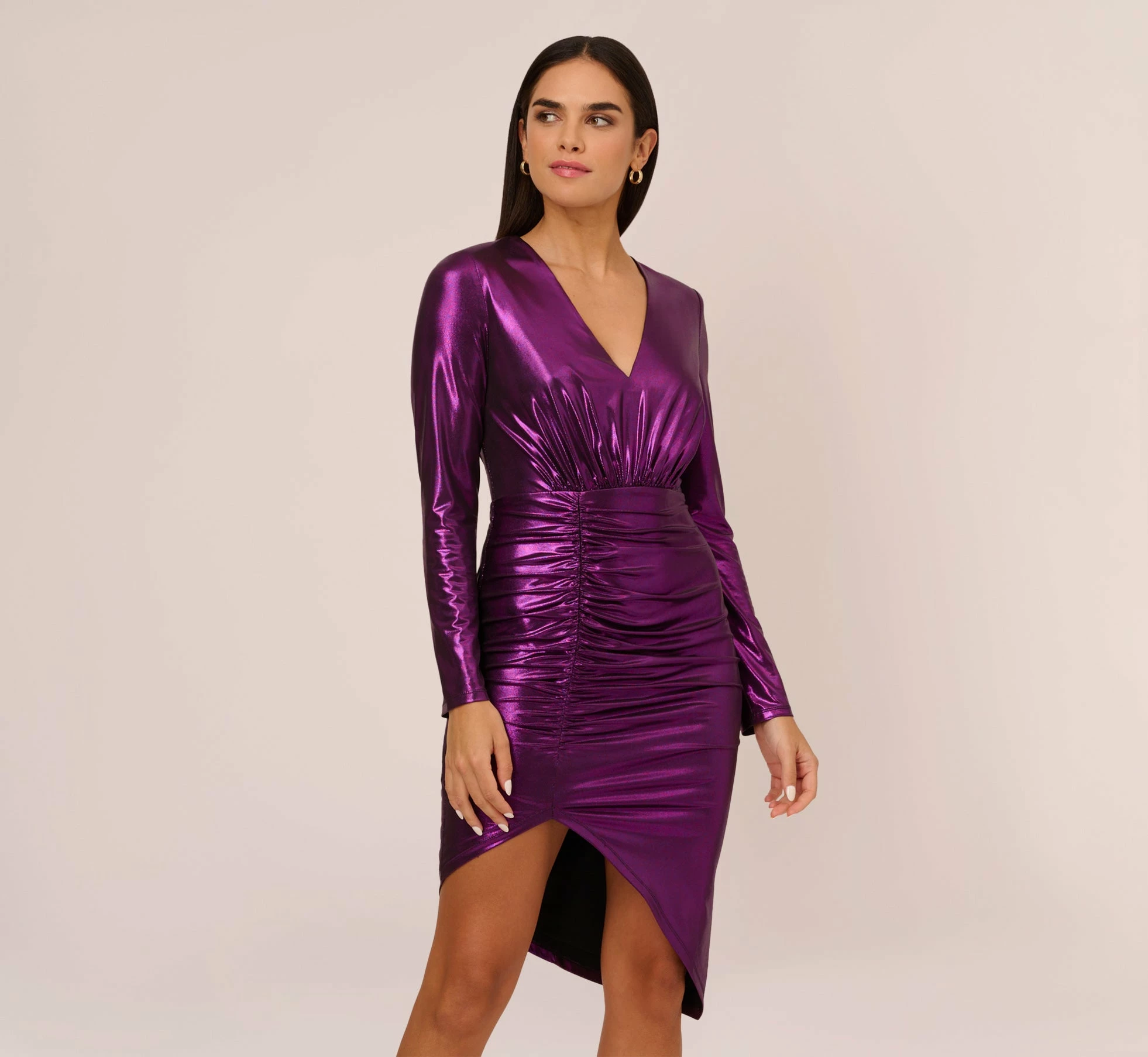 Metallic Knit Long Sleeve Asymmetrical Dress With Ruched Details In Wild Orchid 1 Metallic Knit Long Sleeve Asymmetrical Dress With Ruched Details In Wild Orchid