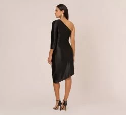 One Shoulder Satin Midi Dress With Three-Quarter Sleeve In Black 10 One Shoulder Satin Midi Dress With Three-Quarter Sleeve In Black -Adrianna Papell Shop MN1E208394 AA002 Regular Back