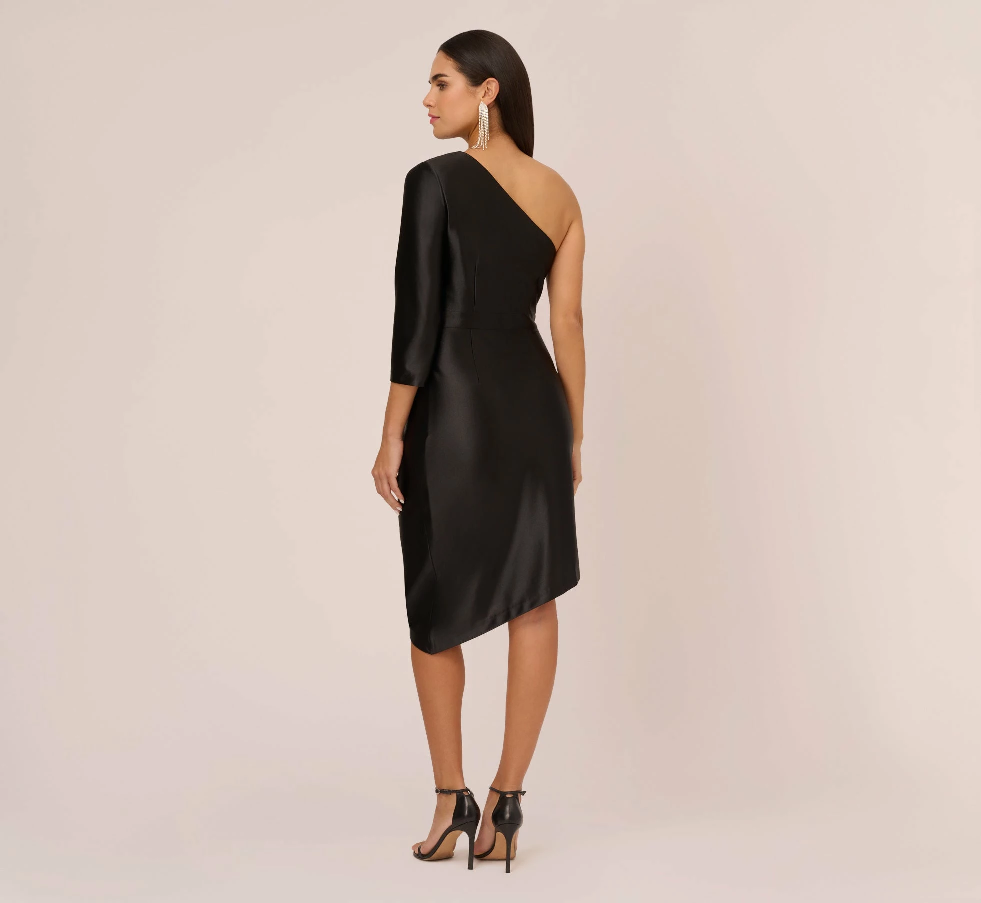 One Shoulder Satin Midi Dress With Three-Quarter Sleeve In Black 4 One Shoulder Satin Midi Dress With Three-Quarter Sleeve In Black - Image 4
