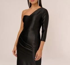 One Shoulder Satin Midi Dress With Three-Quarter Sleeve In Black 9 One Shoulder Satin Midi Dress With Three-Quarter Sleeve In Black -Adrianna Papell Shop MN1E208394 AA002 Regular Detail