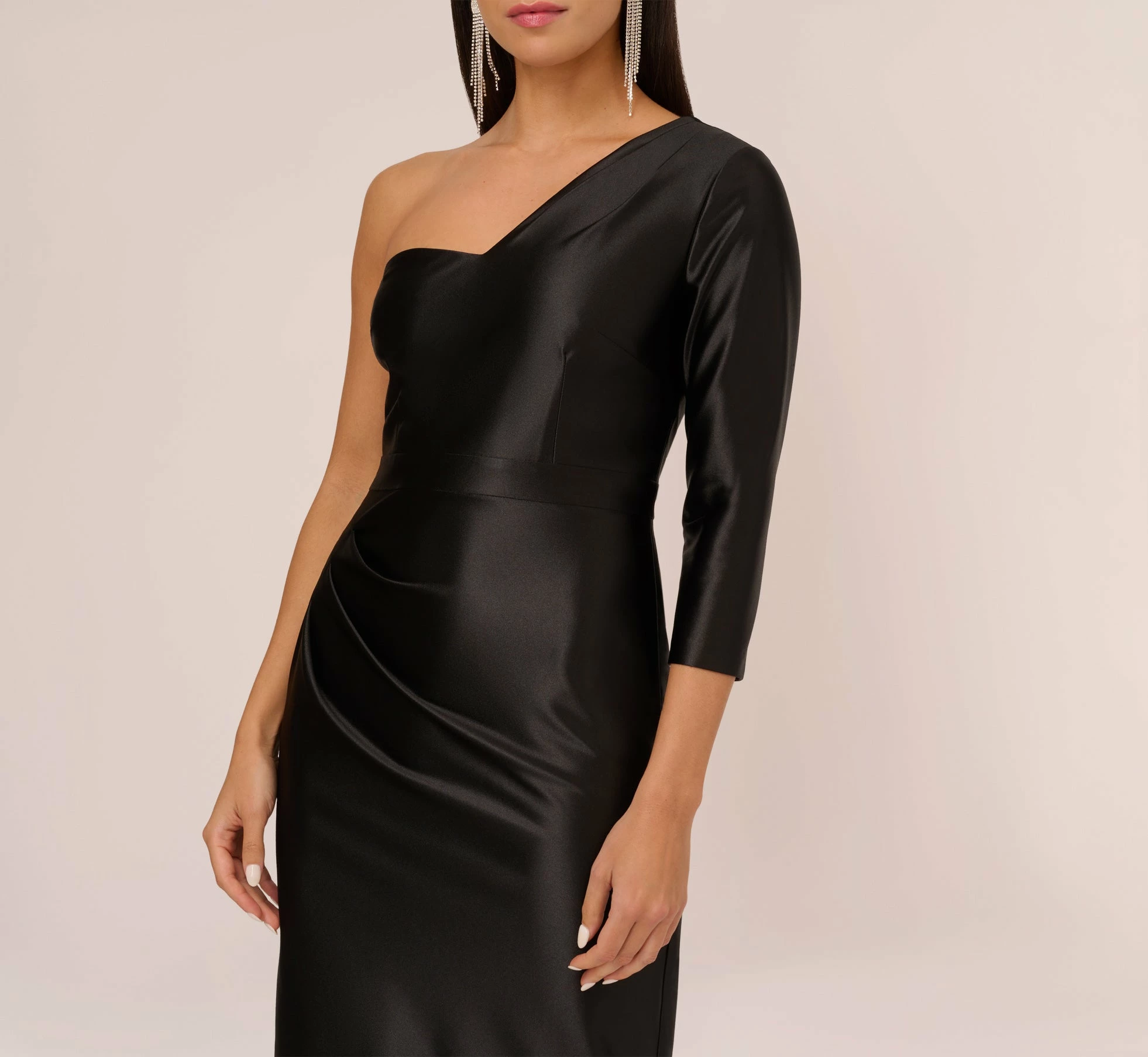 One Shoulder Satin Midi Dress With Three-Quarter Sleeve In Black 3 One Shoulder Satin Midi Dress With Three-Quarter Sleeve In Black - Image 3
