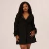 Plus Size Knit Crepe Long Sleeve Blazer Dress With Feather Trim In Black