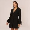 Knit Crepe Long Sleeve Blazer Dress With Feather Trim In Black