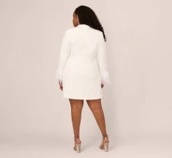 Plus Size Knit Crepe Long Sleeve Blazer Dress With Feather Trim In Ivory 10 Plus Size Knit Crepe Long Sleeve Blazer Dress With Feather Trim In Ivory -Adrianna Papell Shop MN1E208395 AA194 Plus Back