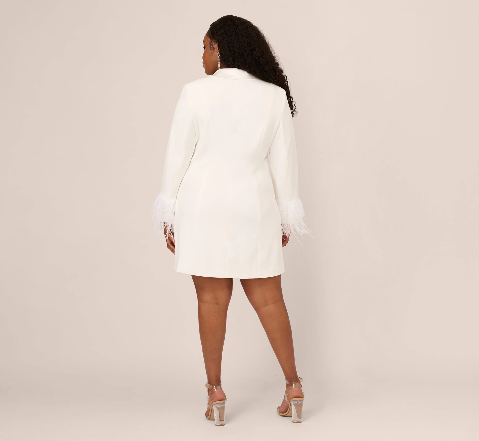 Plus Size Knit Crepe Long Sleeve Blazer Dress With Feather Trim In Ivory 4 Plus Size Knit Crepe Long Sleeve Blazer Dress With Feather Trim In Ivory - Image 4