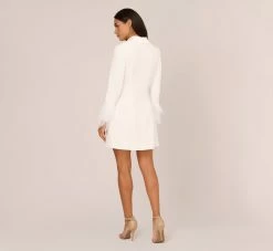 Knit Crepe Long Sleeve Blazer Dress With Feather Trim In Ivory -Adrianna Papell Shop MN1E208395 AA194 Regular Back