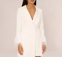 Knit Crepe Long Sleeve Blazer Dress With Feather Trim In Ivory -Adrianna Papell Shop MN1E208395 AA194 Regular Detail