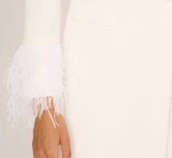 Knit Crepe Long Sleeve Blazer Dress With Feather Trim In Ivory -Adrianna Papell Shop MN1E208395 AA194 Regular Lifestyle