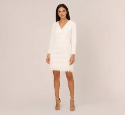 Metallic Knit Asymmetrical Sheath Dress With Ruffle Accent In Ivory