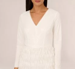 Metallic Knit Asymmetrical Sheath Dress With Ruffle Accent In Ivory -Adrianna Papell Shop MN1E208401 AA194 Regular Detail