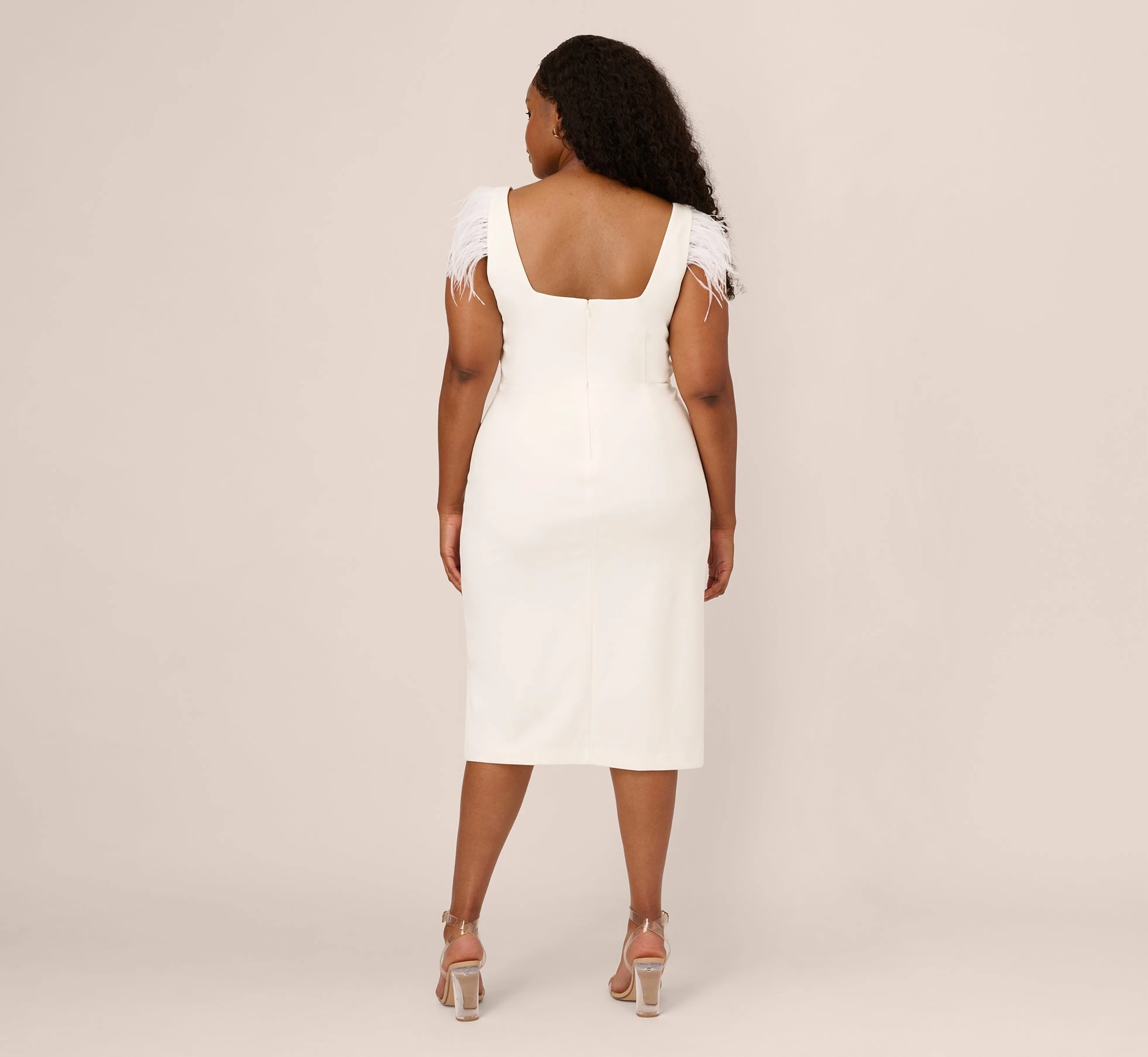 Plus Size Knit Crepe Midi Dress With Feather Shoulder Accents In Ivory 6 Plus Size Knit Crepe Midi Dress With Feather Shoulder Accents In Ivory - Image 6