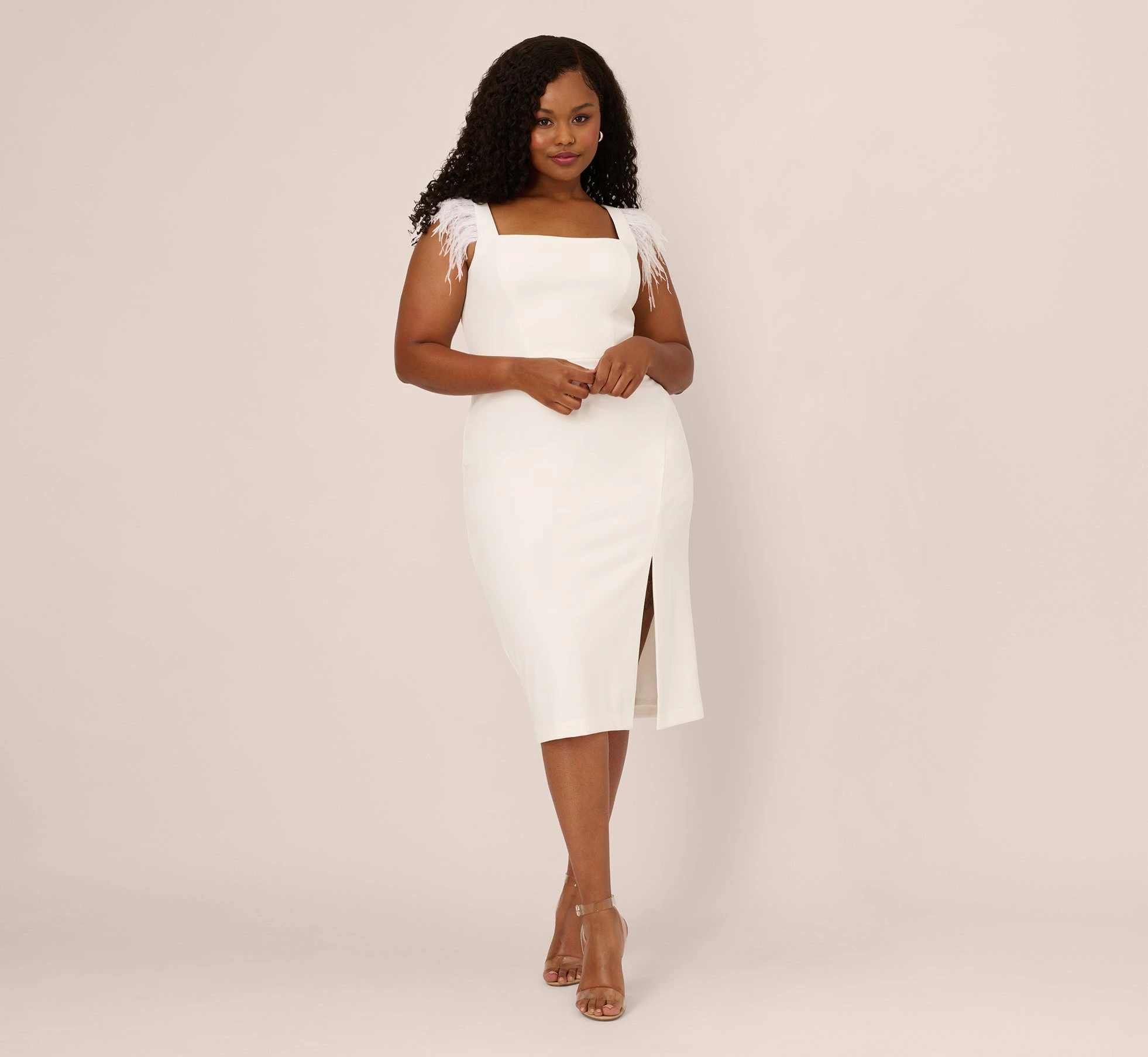 Plus Size Knit Crepe Midi Dress With Feather Shoulder Accents In Ivory 2 Plus Size Knit Crepe Midi Dress With Feather Shoulder Accents In Ivory - Image 2