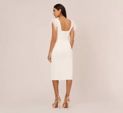 Knit Crepe Midi Dress With Feather Shoulder Accents In Ivory -Adrianna Papell Shop MN1E208406 AA194 Regular Back