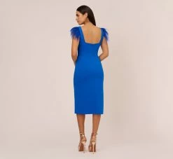 Knit Crepe Midi Dress With Feather Shoulder Accents In Dark Cobalt 9 Knit Crepe Midi Dress With Feather Shoulder Accents In Dark Cobalt -Adrianna Papell Shop MN1E208406 AT401 Regular Back