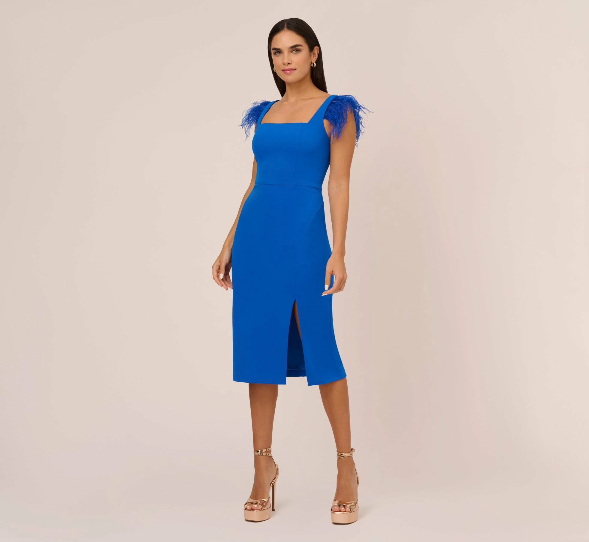 Knit Crepe Midi Dress With Feather Shoulder Accents In Dark Cobalt 1 Knit Crepe Midi Dress With Feather Shoulder Accents In Dark Cobalt