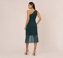 Knit Crepe One Shoulder Dress With Sheer Cutout And Skirt In Forest 9 Knit Crepe One Shoulder Dress With Sheer Cutout And Skirt In Forest -Adrianna Papell Shop MN1E208445 AB311 Regular Back