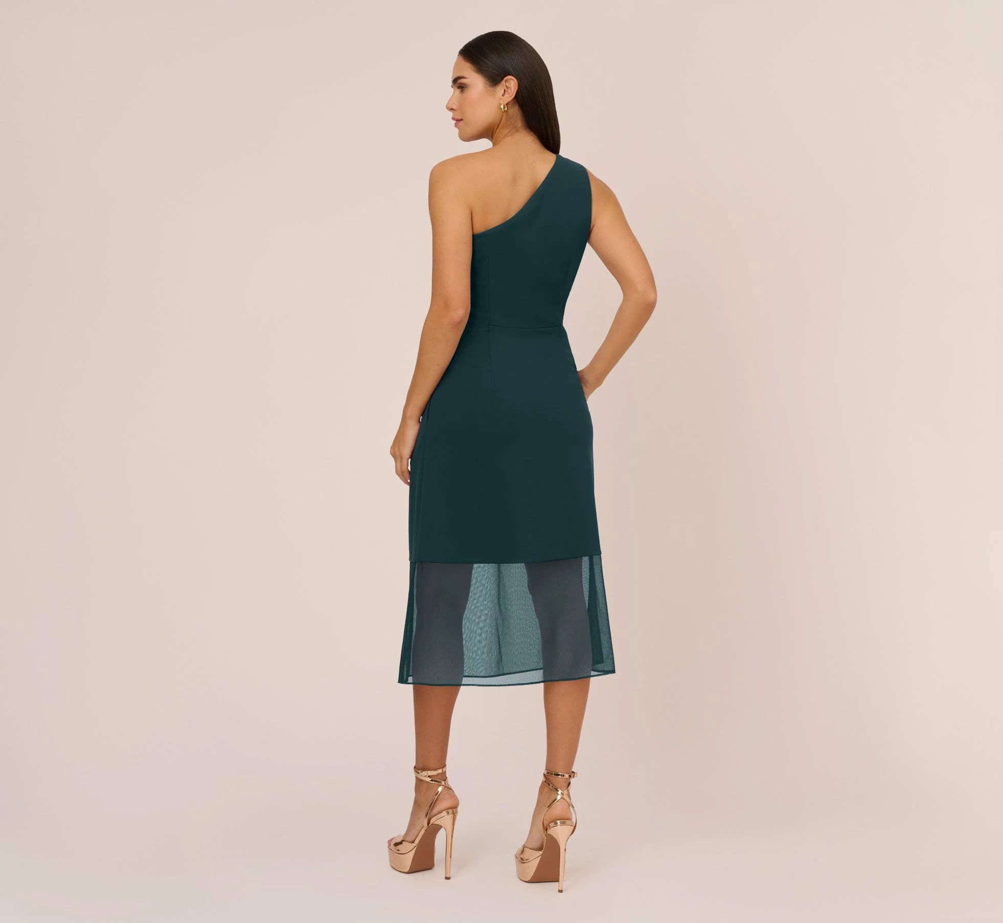 Knit Crepe One Shoulder Dress With Sheer Cutout And Skirt In Forest 4 Knit Crepe One Shoulder Dress With Sheer Cutout And Skirt In Forest - Image 4