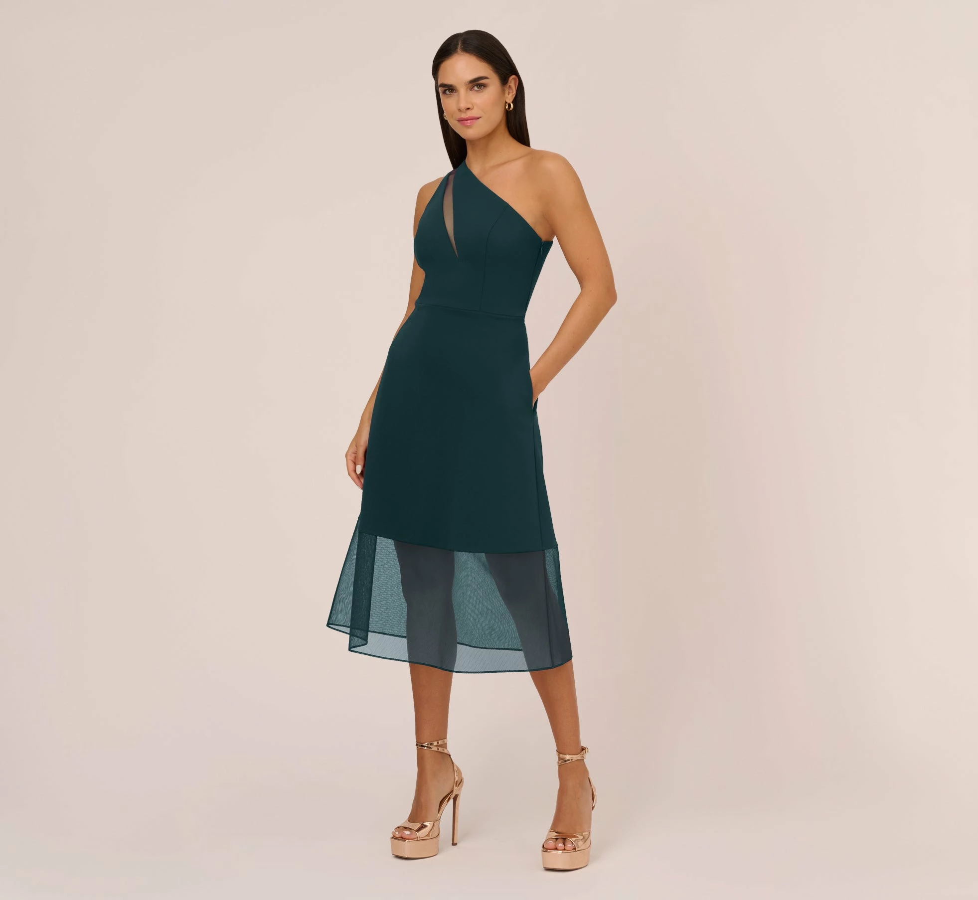 Knit Crepe One Shoulder Dress With Sheer Cutout And Skirt In Forest 1 Knit Crepe One Shoulder Dress With Sheer Cutout And Skirt In Forest