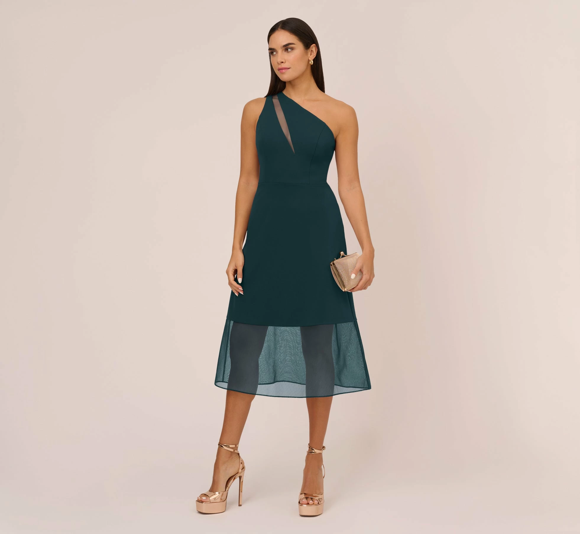 Knit Crepe One Shoulder Dress With Sheer Cutout And Skirt In Forest 2 Knit Crepe One Shoulder Dress With Sheer Cutout And Skirt In Forest - Image 2