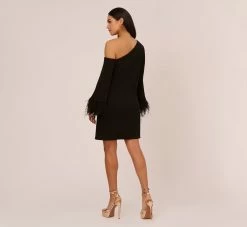 Knit Crepe One Shoulder Long Sleeve Dress With Feather Accents In Black -Adrianna Papell Shop MN1E208446 AA002 Regular Back