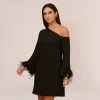 Knit Crepe One Shoulder Long Sleeve Dress With Feather Accents In Black