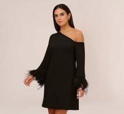 Knit Crepe One Shoulder Long Sleeve Dress With Feather Accents In Black