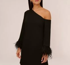 Knit Crepe One Shoulder Long Sleeve Dress With Feather Accents In Black -Adrianna Papell Shop MN1E208446 AA002 Regular Detail