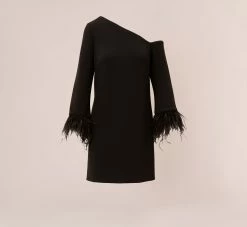 Knit Crepe One Shoulder Long Sleeve Dress With Feather Accents In Black -Adrianna Papell Shop MN1E208446 AA002 Regular Flat
