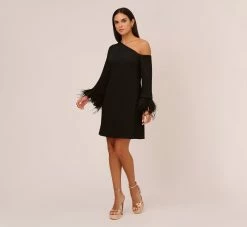 Knit Crepe One Shoulder Long Sleeve Dress With Feather Accents In Black -Adrianna Papell Shop MN1E208446 AA002 Regular Front