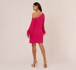 Knit Crepe One Shoulder Long Sleeve Dress With Feather Accents In Bright Rose -Adrianna Papell Shop MN1E208446 AH673 Regular Back