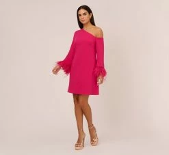 Knit Crepe One Shoulder Long Sleeve Dress With Feather Accents In Bright Rose -Adrianna Papell Shop MN1E208446 AH673 Regular Front