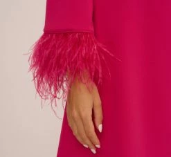 Knit Crepe One Shoulder Long Sleeve Dress With Feather Accents In Bright Rose -Adrianna Papell Shop MN1E208446 AH673 Regular Lifestyle