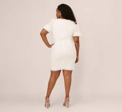 Plus Size Puff Short Sleeve Sheath Dress With Ruffle Accent In Ivory 10 Plus Size Puff Short Sleeve Sheath Dress With Ruffle Accent In Ivory -Adrianna Papell Shop MN1E208448 AA194 Plus Back