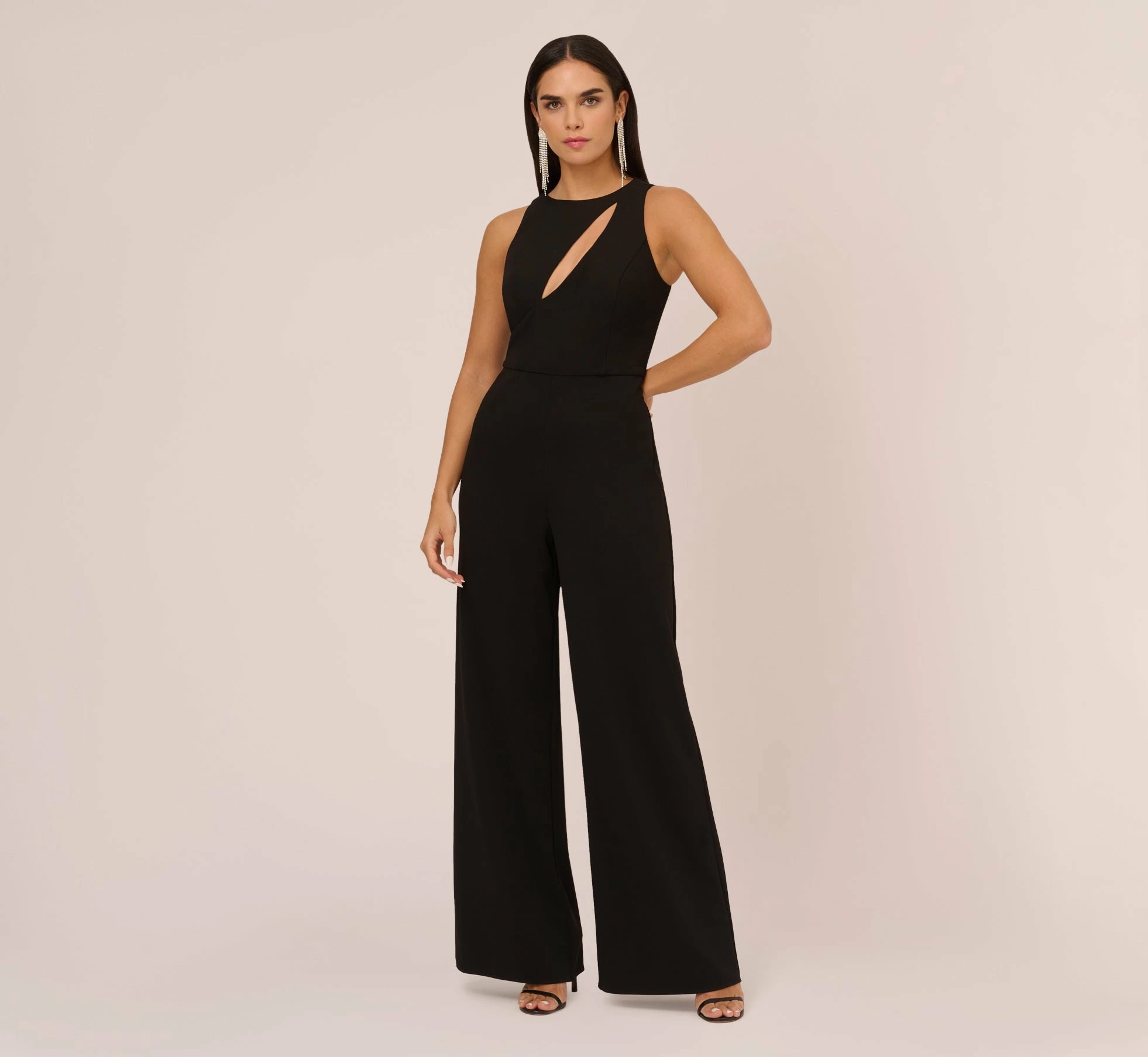 Knit Crepe Wide Leg Jumpsuit With Cutout Accent In Black 1 Knit Crepe Wide Leg Jumpsuit With Cutout Accent In Black