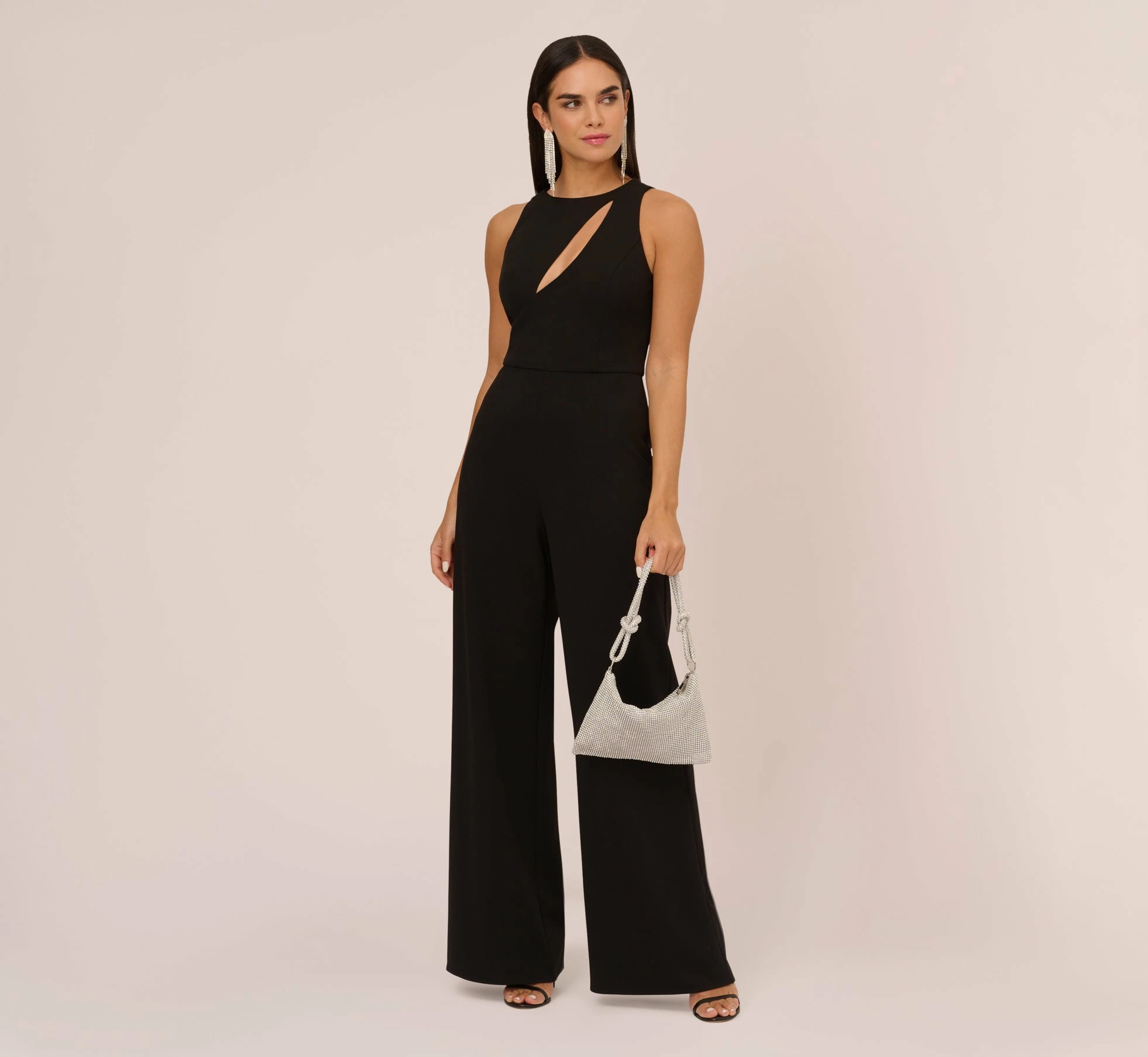 Knit Crepe Wide Leg Jumpsuit With Cutout Accent In Black 2 Knit Crepe Wide Leg Jumpsuit With Cutout Accent In Black - Image 2