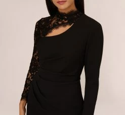 Lace And Crepe Mini Dress With Long Sleeves In Black 9 Lace And Crepe Mini Dress With Long Sleeves In Black -Adrianna Papell Shop MN1E208596 AA002 Regular Detail