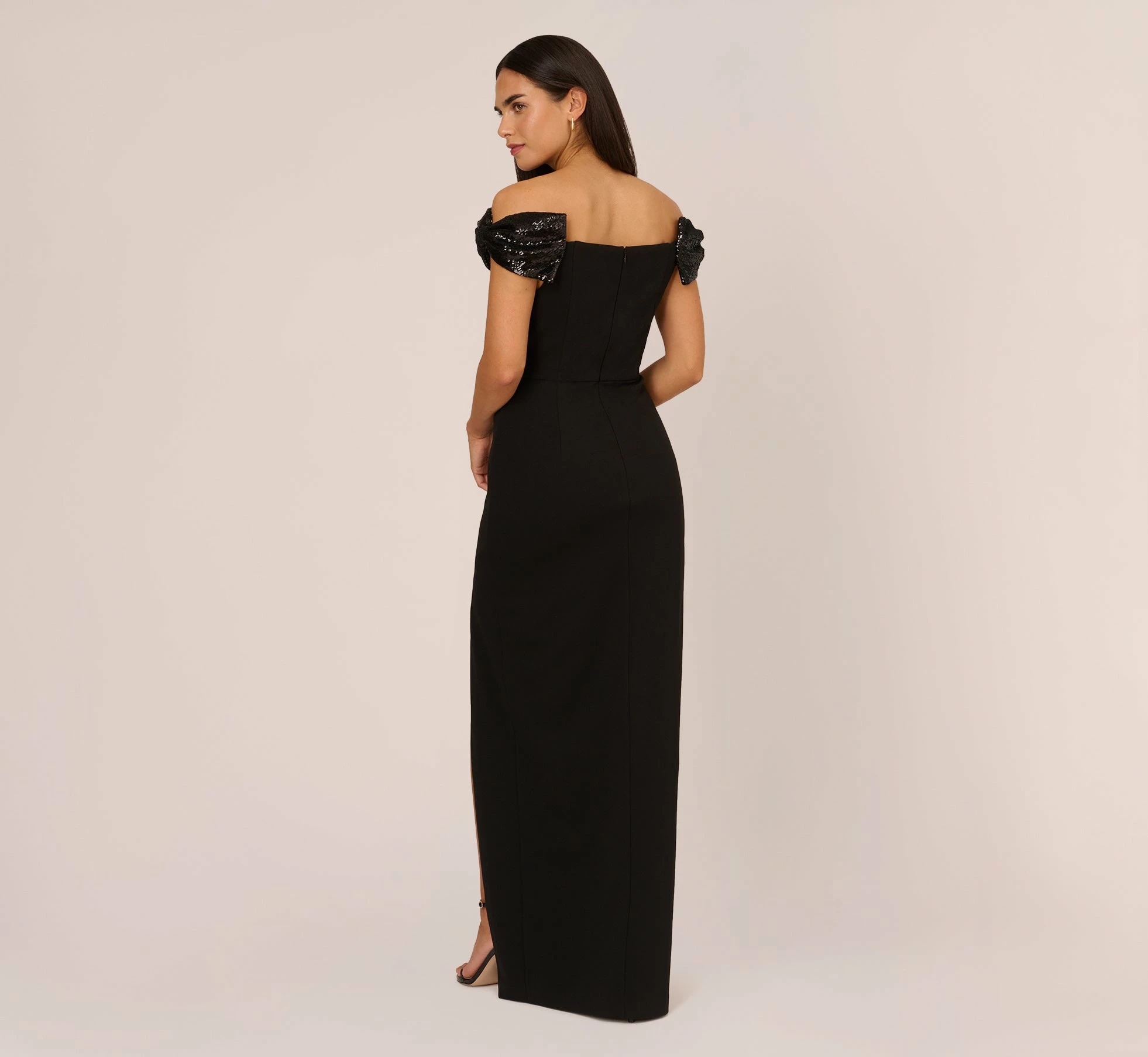Stretch Crepe Off The Shoulder Gown With Sequin Bows In Black 4 Stretch Crepe Off The Shoulder Gown With Sequin Bows In Black - Image 4