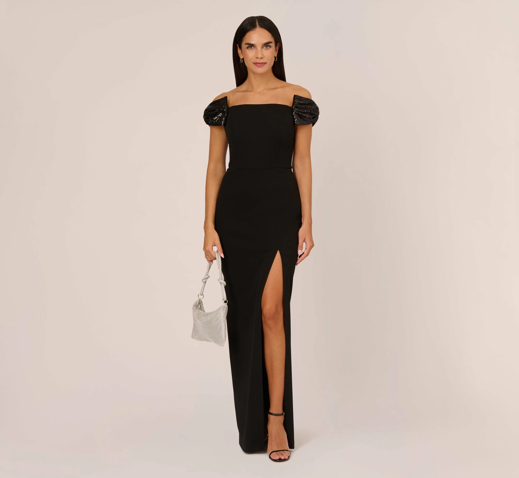 Stretch Crepe Off The Shoulder Gown With Sequin Bows In Black 2 Stretch Crepe Off The Shoulder Gown With Sequin Bows In Black - Image 2